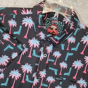 Retro Rifle Shirt Mens Large Rising Palm Black Pink Teal Gun Palm Tree Stretch